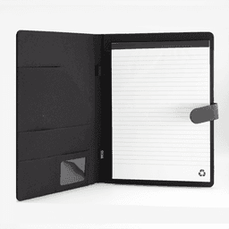 A black RPET portfolio featuring a notepad, card slots, and a recycled symbol on the bottom corner.