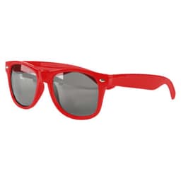 Red sunglasses with grey lenses and a branded logo on the arm. Suitable for leisure and outdoor activities.