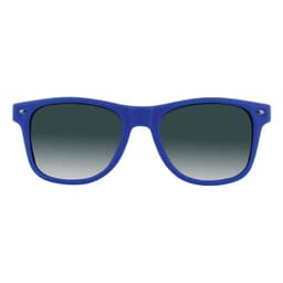 Blue sunglasses with gradient lenses and a logo on the side, designed for leisure and outdoor activities.