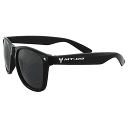 A pair of black sunglasses with dark lenses and a logo on the side. Ideal for leisure and outdoor activities.