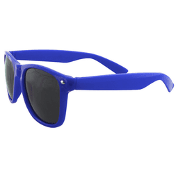 Blue sunglasses with dark lenses and a sleek design, featuring a logo on the side of the frame.