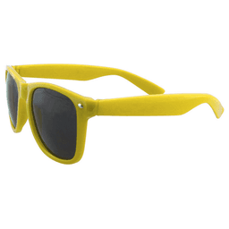 Yellow sunglasses with a sleek design and dark lenses, featuring a logo on the side.