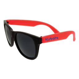 Retro sunglasses with black frames and vibrant red arms. Features a logo on the arm.