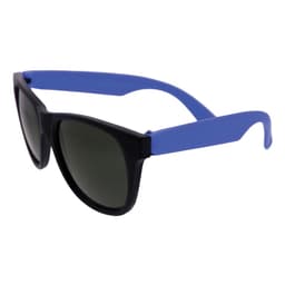 Retro sunglasses with black frames and blue arms, featuring dark lenses. Includes a logo on the frame.