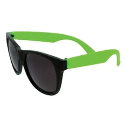 Retro sunglasses featuring black frames and bright green arms, with a logo on the side.