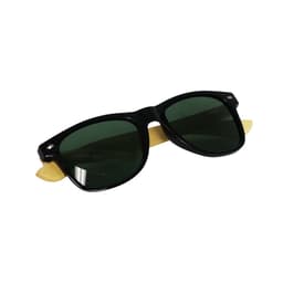 Sunglasses with black frames and green lenses, featuring bamboo accents. Includes a logo on the frame.