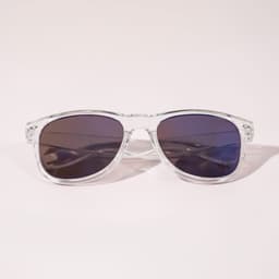 Clear frame sunglasses with dark lenses, featuring a sleek design and subtle branding.
