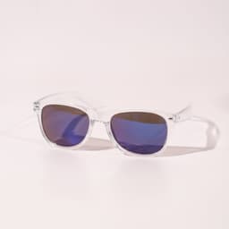 Clear-frame sunglasses with gradient purple lenses, displayed against a light background.