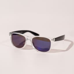 Haze Sunglasses feature a clear frame with dark lenses and a sleek black arm design. They have a logo on the side.