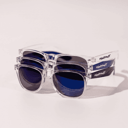 A pair of clear and blue sunglasses stacked on top of each other, featuring a logo on the side.