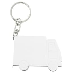 A keychain in the shape of a truck, featuring a metallic silver finish and a keyring attachment.