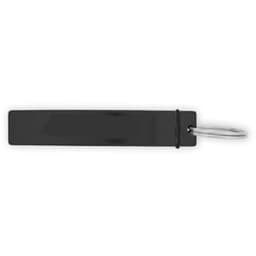 A drink bottle opener in black with a ring attachment for easy carrying. Features a simple, sleek design.