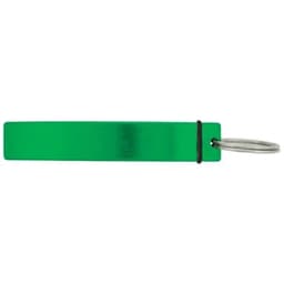 A drink bottle opener in a bright green colour, featuring a simple design with a keyring attachment.