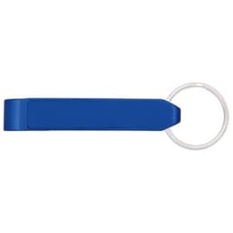 A drink bottle opener in blue, featuring a keyring attachment and a simple design.