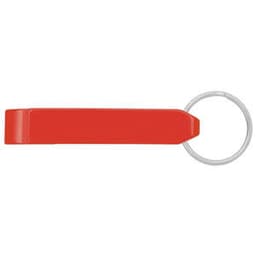 A drink bottle opener in vibrant red with a circular keyring attachment and a simple design.