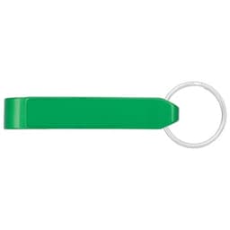 A green bottle opener with a keyring attachment, featuring a smooth finish and a simple design.