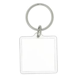 A square acrylic keychain with a silver metal ring, featuring a clear, blank surface.