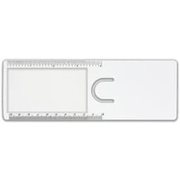 A clear plastic magnifier ruler with a rectangular body and metric measurements. It features a circular cut-out.