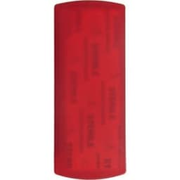A red bandage dispenser with a smooth surface and a logo, designed for storing bandages.