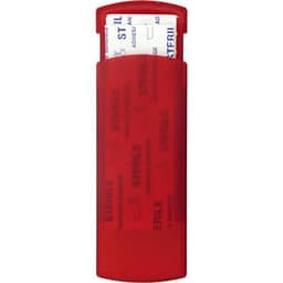 A red bandage dispenser with a curved top, holding bandages inside, and featuring a logo.