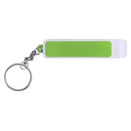 A drink bottle opener in white and green, featuring a keychain attachment and a blank area for branding.