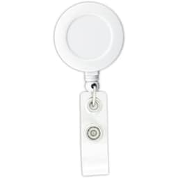 A round badge holder in white with a retractable cord and a clip attachment. It features a logo.