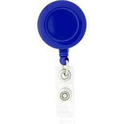 A round blue badge holder with a retractable clear strap and a metal clip at the end.