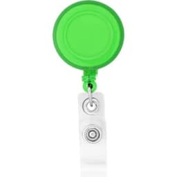 A bright green round badge holder with a transparent strap and a metal clip attached.