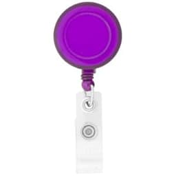 A round badge holder featuring a purple reel and a white clip. It has a logo on the front.