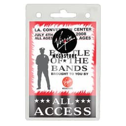 A clear badge holder, measuring 82mm W x 130mm H, featuring a black and red design and a logo.