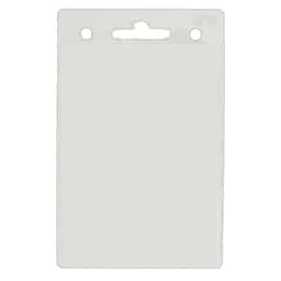 A clear badge holder measuring 82mm W x 130mm H, featuring a top slot for attachment.