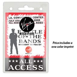 A clear badge holder, featuring a rounded top and a slot for attachment, with a logo present.