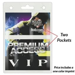 A clear badge holder with two pockets, featuring a top slot for a lanyard, suitable for displaying cards or badges.