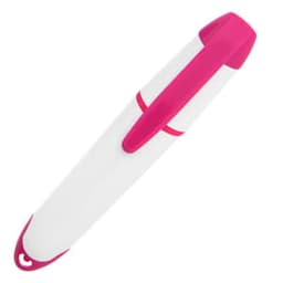 A highlighter in pink and white with a rounded top and a clip. It features a logo on the side.