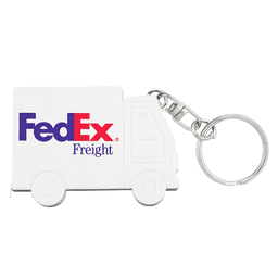 A white truck-shaped keychain with a keyring attachment, featuring a logo.