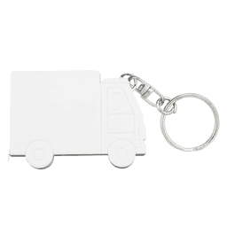 A white keychain shaped like a truck with a silver keyring attachment.