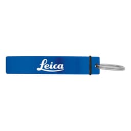 A drink bottle opener in blue with a silver keyring and a branding logo.