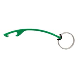 A drink bottle opener in green with a keyring attachment, featuring a sleek, curved design.