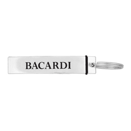 A drink bottle opener featuring a clear design with a keyring attachment and a logo.