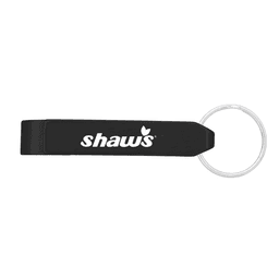 A drink bottle opener in black, featuring a silver keyring attachment and a logo.