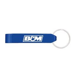 A drink bottle opener in blue with a silver keyring attachment and a logo.