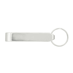 A drink bottle opener in metallic silver with a keyring attachment. Simple and sleek design for easy use.