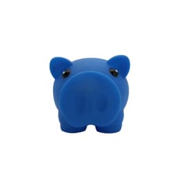 A blue piggy bank with a rounded snout and small, bright eyes, featuring a simple design and a glossy finish.