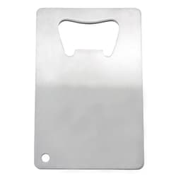 A stainless steel bottle opener shaped like a credit card, featuring a circular hole and a cut-out for easy gripping.