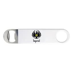 A drink bottle opener in white with a metal opener and a logo featuring a bird emblem.