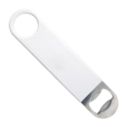 A drink bottle opener in white plastic with a stainless steel opening end. Features branding on the design.