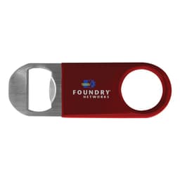 A drink bottle opener in red vinyl with a metal opener, featuring a logo on its side.