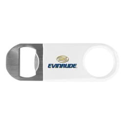 A drink bottle opener in white and stainless steel, featuring a branding logo.