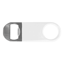 A drink bottle opener featuring a silver metal opener and white vinyl handle, with a logo on the handle.