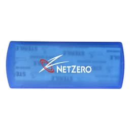 A blue bandage dispenser with a logo, featuring a smooth surface and a rectangular shape.
